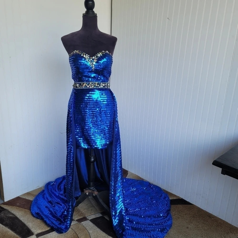Strapless Sequin High-Low Prom Dress in Royal Blue